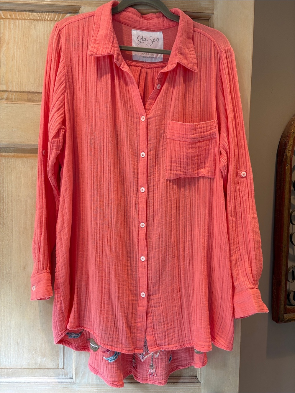 Kyla Seo Embroidered Coral Button-Up 100% Cotton Gauze Shirt XXL